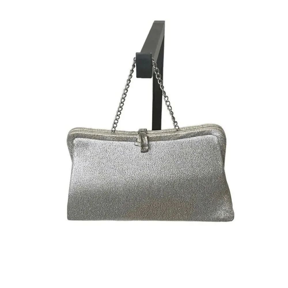 Vintage Silver Metallic Sparkle 10”  Clutch Purse Handbag with Chain Strap